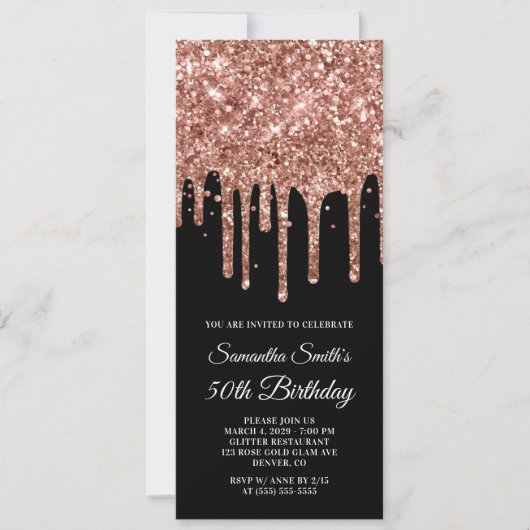Roos Gold Dripping Glitter Zwart 50ste Verjaardag Kaart (Voorkant)
