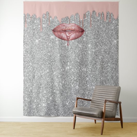 Roos Gold Dripping Lips Silver Glitter Backdruppel Wandkleed (In situ)