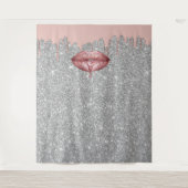 Roos Gold Dripping Lips Silver Glitter Backdruppel Wandkleed (Voorkant)