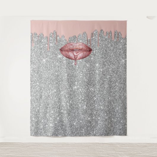 Roos Gold Dripping Lips Silver Glitter Backdruppel Wandkleed (Voorkant)