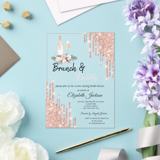 Roos Gold Drips Brunch & Bubble Vrijgezellenfeest Acryl Uitnodigingen (Insitu (Huwelijk))