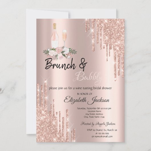 Roos Gold Drips Brunch & Bubble Vrijgezellenfeest Kaart (Voorkant)