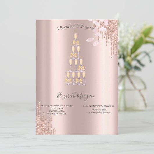 Roos Gold Drips Champagneglas Bachelorette Kaart (Staand voorkant)