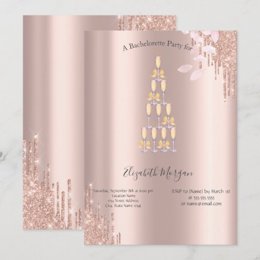 Roos Gold Drips Champagneglas Bachelorette Kaart (Voorkant / Achterkant)