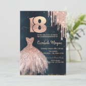 Roos Gold Drips Dress, donkerblauw 18e verjaardag Kaart (Staand voorkant)