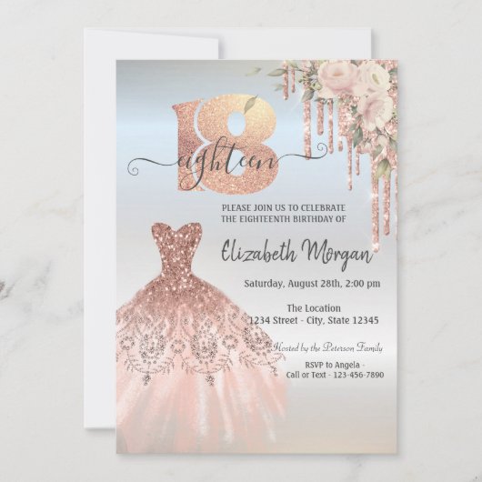 Roos Gold Drips Dress Flower Silver 18th Birthday Kaart (Voorkant)