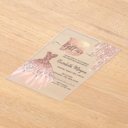 Roos Gold Drips Dress Silver 18e verjaardag Acryl Uitnodigingen (Laagn)