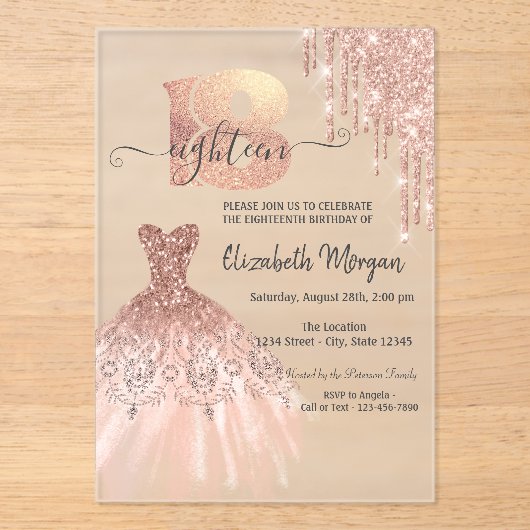 Roos Gold Drips Dress Silver 18e verjaardag Acryl Uitnodigingen (Voorkant)