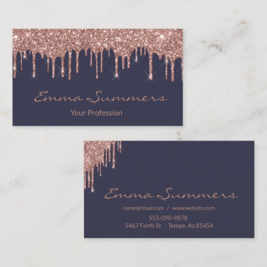 Roos Gold Drips Grijs Navy Customize Glitter Visitekaartje (Voorkant / Achterkant)