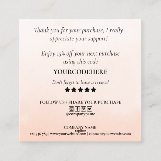 roos Gold Drips Heart Bedankt voor uw bestelling Vierkante Visitekaartje (Achterkant)