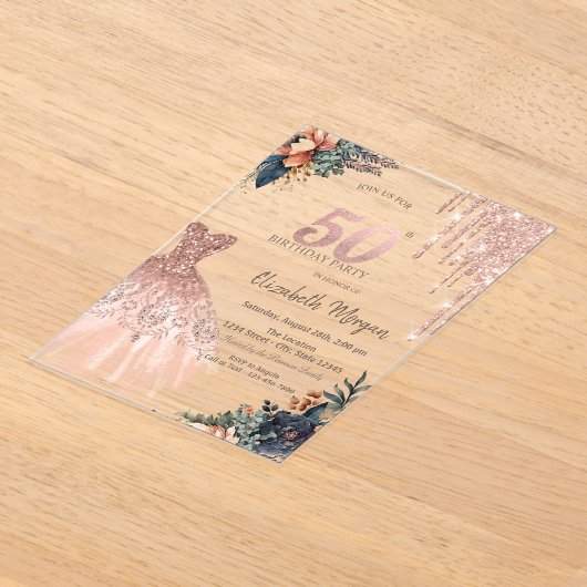 Roos Gold Drips Jurk Moody Flowers 50e Verjaardag Acryl Uitnodigingen (Laagn)