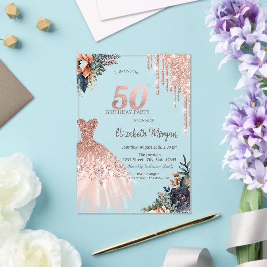 Roos Gold Drips Jurk Moody Flowers 50e Verjaardag Acryl Uitnodigingen (Insitu (Huwelijk))