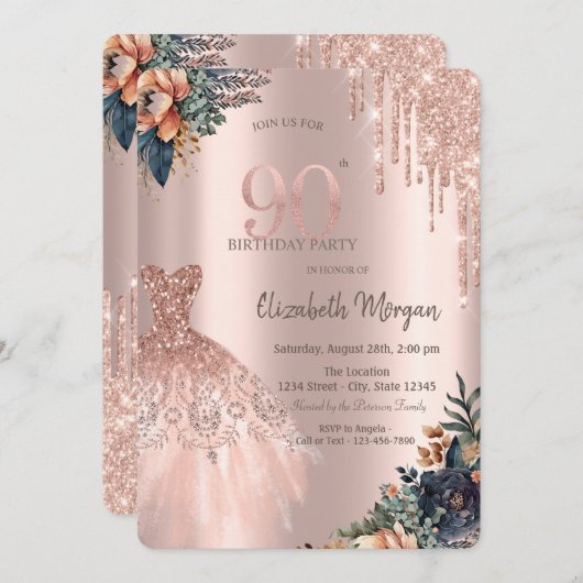 Roos Gold Drips Jurk Moody Flowers 90ste Verjaarda Kaart (Voorkant / Achterkant)