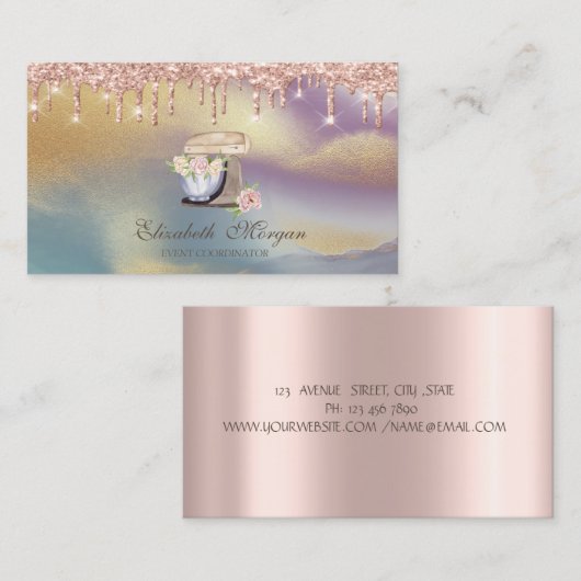 Roos Gold Drips Retro Mixer Flowers Holografisch Visitekaartje (Voorkant / Achterkant)