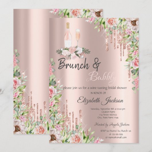 Roos Gold Drips Rozen Brunch & Bubbly Kaart (Voorkant / Achterkant)