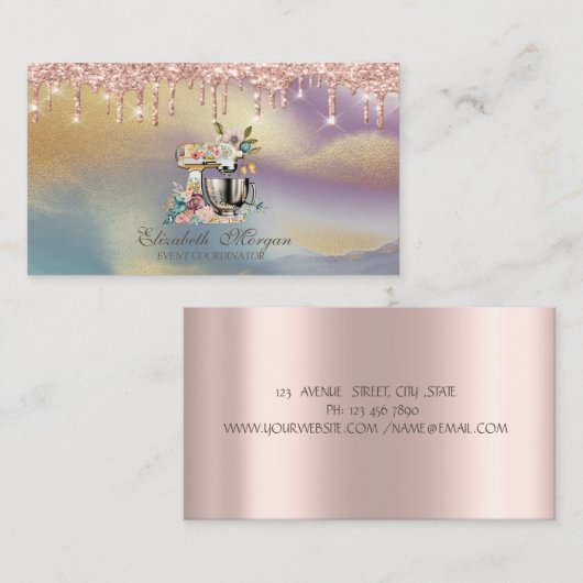 Roos Gold Drips Taart Mixer Flowers Holographic Visitekaartje (Voorkant / Achterkant)