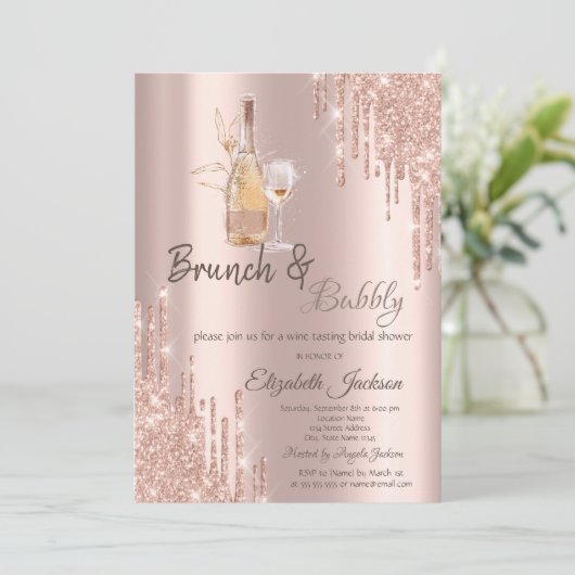 Roos Gold Drips Wijnglas Brunch & Bubbly Kaart (Staand voorkant)