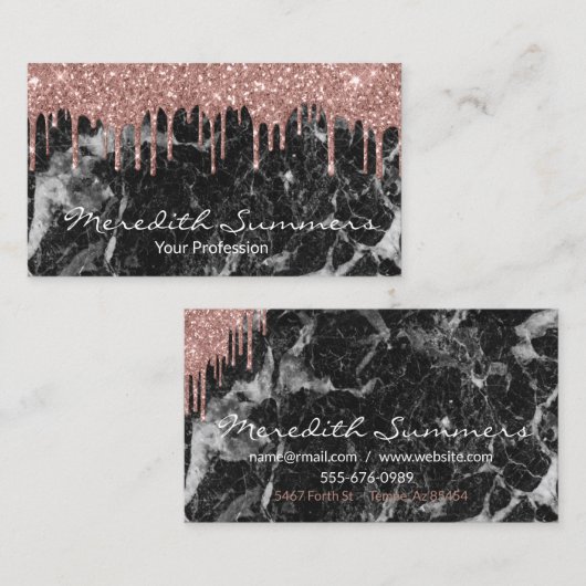 Roos Gold Drips Zwart Marmer Aanpassen Glitter Visitekaartje (Voorkant / Achterkant)