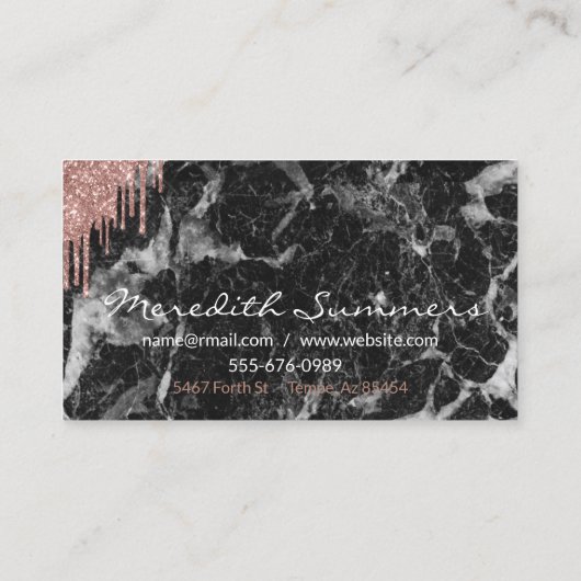 Roos Gold Drips Zwart Marmer Aanpassen Glitter Visitekaartje (Achterkant)