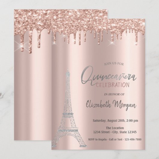Roos Gold Drivers, Eiffeltower Quinceanera Invitat Kaart (Voorkant / Achterkant)