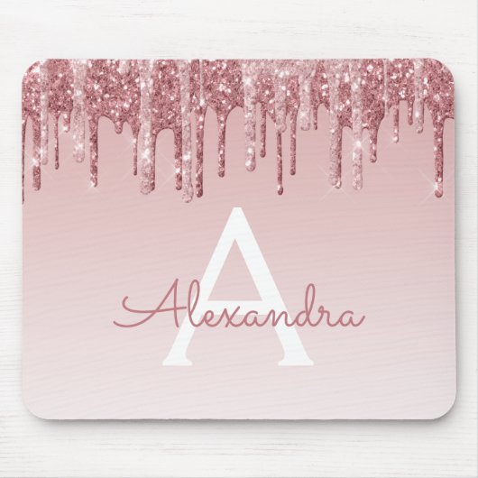 Roos Gold Drivers Roze Glitter Monogram Mousepad Muismat (Voorkant)
