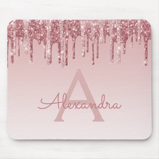 Roos Gold Drives Glitter Monogram Roze Mousepad Muismat (Voorkant)