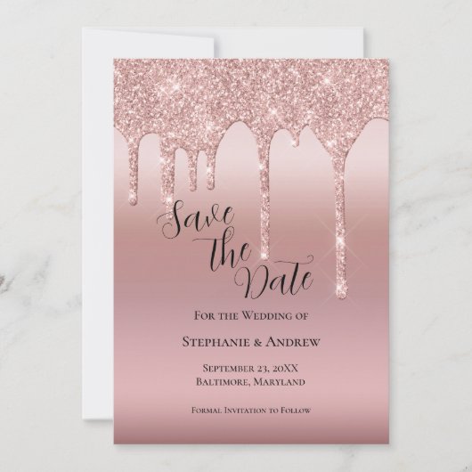 Roos Gold Driving Glitter Blush Pink QR code Save The Date (Voorkant)