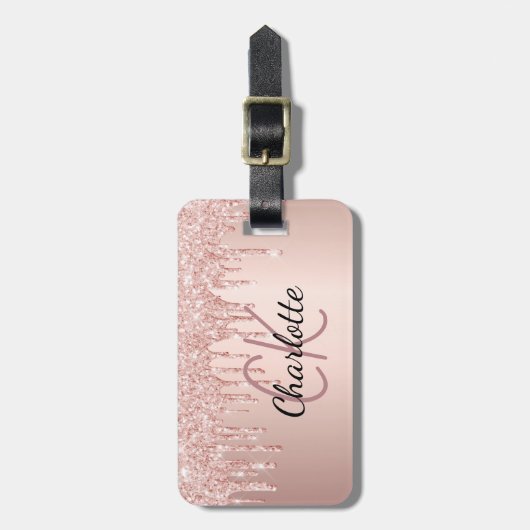 Roos Gold Druppels Aangepaste Monogram Naam Bagagelabel (Voorkant verticaal)