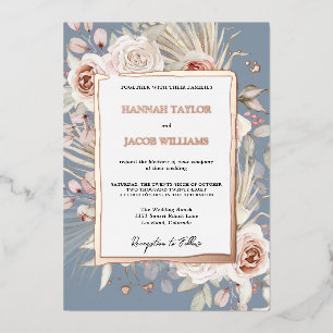 Roos Gold Dusty Blue Floral Boho Wedding Folie Uitnodiging