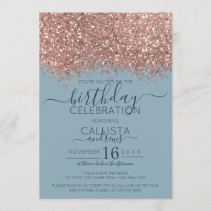 Roos Gold Dusty Blue Glitter Confetti Verjaardag Kaart