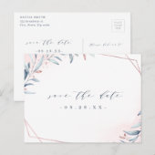 Roos Gold Dusty Blue Greenery bespaart de datum Aankondigingskaart (Voorkant / Achterkant)