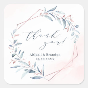 Roos Gold Dusty Blue Greenery Geometric Hartelijk  Vierkante Sticker