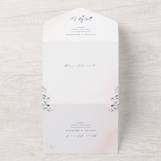 Roos Gold Dusty Blue Greenery Geometric Wedding All In One Uitnodiging (Buitenkant)