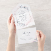 Roos Gold Dusty Blue Greenery Geometric Wedding All In One Uitnodiging (Afscheurbaar)