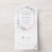 Roos Gold Dusty Blue Greenery Geometric Wedding All In One Uitnodiging (Binnen)