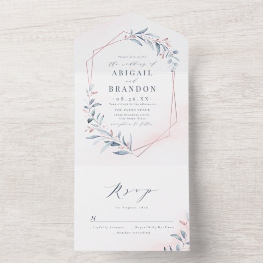Roos Gold Dusty Blue Greenery Geometric Wedding All In One Uitnodiging (Binnen)