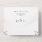 Roos Gold Dusty Blue Greenery Geometric Wedding All In One Uitnodiging (Achterkant)