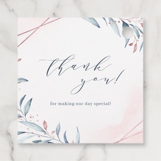 Roos Gold Dusty Blue Greenery Geometric Wedding Bedankjes Labels (Achterkant)