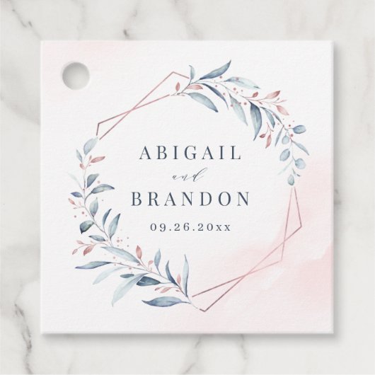 Roos Gold Dusty Blue Greenery Geometric Wedding Bedankjes Labels (Voorkant)