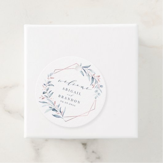 Roos Gold Dusty Blue Greenery Geometric Wedding Bedankjes Labels (In situ)