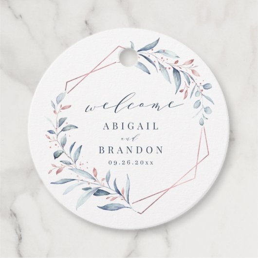 Roos Gold Dusty Blue Greenery Geometric Wedding Bedankjes Labels (Voorkant)