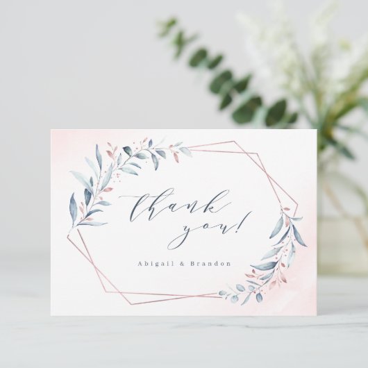 Roos Gold Dusty Blue Greenery Geometric Wedding Bedankkaart (Staand voorkant)