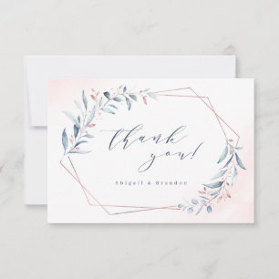 Roos Gold Dusty Blue Greenery Geometric Wedding Bedankkaart
