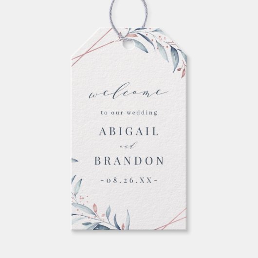 Roos Gold Dusty Blue Greenery Geometric Wedding Cadeaulabel (Voorkant)