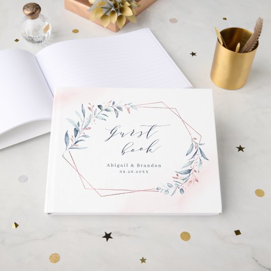 Roos Gold Dusty Blue Greenery Geometric Wedding Gastenboek (Voorkant open)