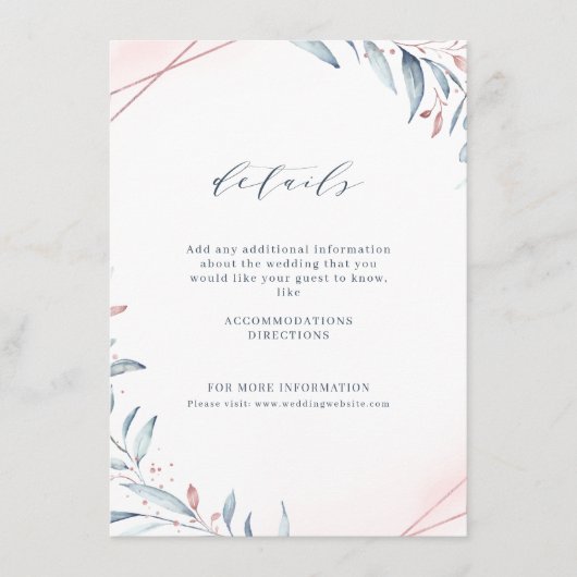 Roos Gold Dusty Blue Greenery Geometric Wedding Informatiekaartje (Voorkant)