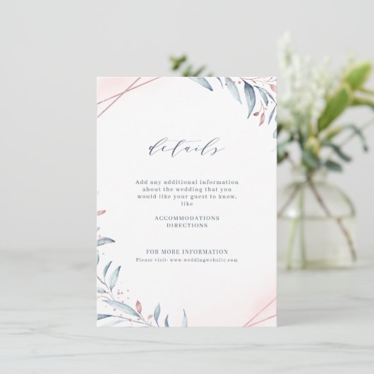 Roos Gold Dusty Blue Greenery Geometric Wedding Informatiekaartje (Staand voorkant)