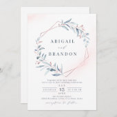 Roos Gold Dusty Blue Greenery Geometric Wedding Kaart (Voorkant / Achterkant)