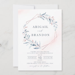 Roos Gold Dusty Blue Greenery Geometric Wedding Kaart