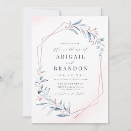 Roos Gold Dusty Blue Greenery Geometric Wedding Kaart
